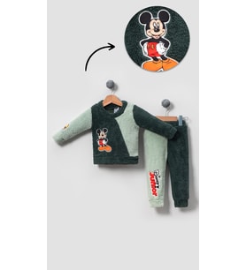 Mickey Mouse Görselli Kışlık Welsoft Bebek Çocuk Alt Üst Takım-Yeşil