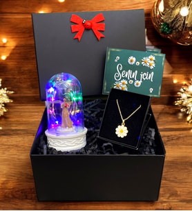 Siyah Kutusunda Renkli Led Işıklı Fanus ve Tasarım Kolye, Premium Hediye Seti (Model 2)