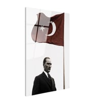 Tamperli Gerçek Cam Tablo Atatürk ve Dalgalanan Türk Bayrağı Atatürk Tablosu Duvar Dekoru