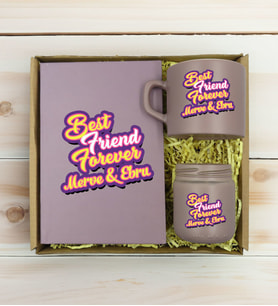 BK Gift Kişiye Özel İsimli DTF Best Friend Temalı Mat Gri Defter & Kahve Fincanı & Mum Hediye Seti-3, Arkadaşa Hediye, Doğum Günü Hediyesi