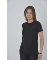 Kadın Gögüs Fileli T-Shirt Kısa Kol Bisiklet Yaka Slimfit Tişört - Siyah