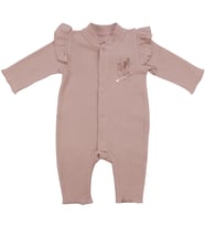 Kız Bebek Pudra Omuzları Fırfırlı Çiçek Nakışlı Çıtçıtlı Tulum