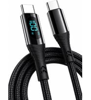 Lexroo 100W Type-C Dijital Göstergeli Şarj ve Veri Kablosu, Örgülü, 1.2 Metre, Siyah