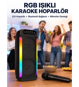 Northcity RGB Işıklı Çift Hoparlörlü Taşınabilir Bluetooth Speaker ve Karaoke Mikrofon - Yeni Nesil