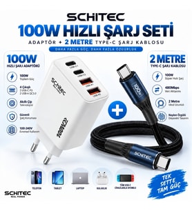 SChitec 100W 4 Çıkışlu Hızlı Şarj Başlığı ve 100W Type-C to Type-C Süper Hızlı Şarj Kablosu