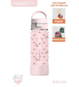 550 ML Desenli Tek Kapak Çift Kullanım Pipetli Rahat İçim Kulplu Paslanmaz Çelik Termos 1109-550ML