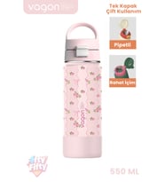 550 ML Desenli Tek Kapak Çift Kullanım Pipetli Rahat İçim Kulplu Paslanmaz Çelik Termos 1109-550ML