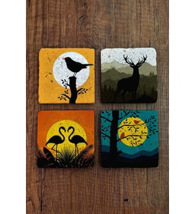 Doğal Taş Bardak Altlığı 4'lü Set - Doğa Temalı Kuş, Geyik, Flamingo, Dolunay - Stone Coasters