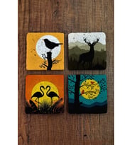 Doğal Taş Bardak Altlığı 4'lü Set - Doğa Temalı Kuş, Geyik, Flamingo, Dolunay - Stone Coasters