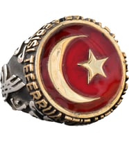 Erkek Gümüş Yüzük - Kırmızı Hilal ve Yıldız Tasarımı, Türk Bayragı Yüzük