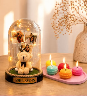 Kişiye Özel Yazılı 3 Fotoğraflı LED Işıklı Fanus (peluş ayıcıklı) ve 5'li Kokulu Makaron Mum