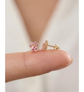 Pembe Taşlı Kedi Patisi 14 Ayar Altın Küpe (Gold)