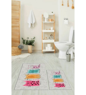 EVDEYA Baskılı Yıkanabilir Renkli Kediler Desenli İkili Banyo Halısı Klozet Takımı, KLOZET-41-GRİ, (Gri)