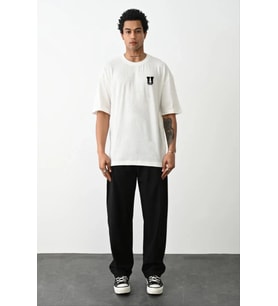 Erkek Kısa Kol Yazlık Tişört Bisiklet Yaka Baskılı Oversize T-Shirt - Beyaz