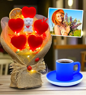 Led Işıklı Kırmızı Kalp Buketi ve Renkli Türk Kahvesi Fincanı - Kişiye Özel Fotoğraflı Hediye Seti (Mavi)