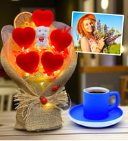 Led Işıklı Kırmızı Kalp Buketi ve Renkli Türk Kahvesi Fincanı - Kişiye Özel Fotoğraflı Hediye Seti (Mavi)