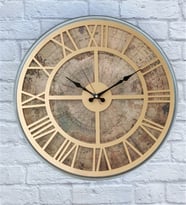 Markakanvas Gri Metal Kasalı Eski Dünya Haritalı Duvar Saati (Çap 50 cm - 80 cm ) (Altın)
