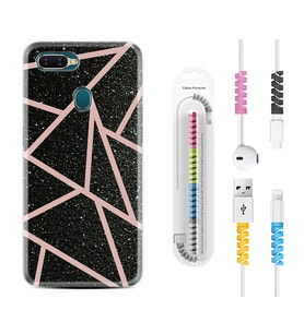 Oppo A5S A15 A16 A54 A55 A73 A74 Kılıf Kablo Koruma Spiral Silikon Pembe Şeritli Mermer 1312
