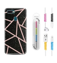 Oppo A5S A15 A16 A54 A55 A73 A74 Kılıf Kablo Koruma Spiral Silikon Pembe Şeritli Mermer 1312