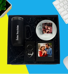 Kişiye Özel Premium Kutu Termos Kulplu Bardak Fotoğraflı Türk Kahve Fincanı Özel Kalp Metal Anahtarlık Ahşap Mdf Masaüstü Resimli Siyah Çerçeve