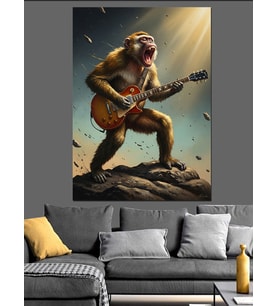 Gitar Çalan Rockçı Maymun Figürü Dekoratif Kanvas - Mdf Ahşap Tablo
