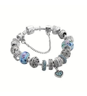 Pandora Tarz, Trend Kalp Aşk Temalı  Mavi  Charm Bİleklik, Ahşap Kutu içerisinde