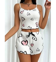 Beyaz Kalp Desen Detaylı 2Lİ Pijama Takımı