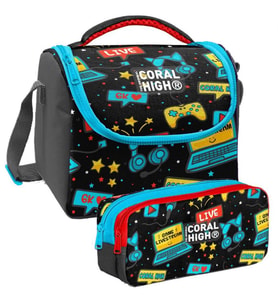 Coral High Siyah Mavi Gamer Desenli Erkek Çocuk Isı Yalıtımlı Beslenme Çantası ve Kalemlik Seti