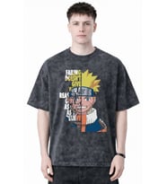 Tasarım Naruto Uzumaki Anime Baskılı Unisex Oversize Eskitme Yıkamalı Tişört