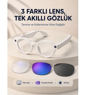 Beyaz Akıllı Kamera Gözlüğü Fotoğraf Video Çekimli Yapay Zeka Destekli Bluetooth Çoklu Dil Çeviri 3 Lensli
