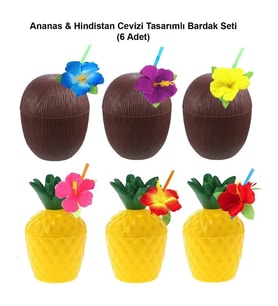 Ananas Hindistan Cevizi Tasarımlı Pipetli Bardak Seti (6 Adet)