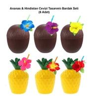 Ananas Hindistan Cevizi Tasarımlı Pipetli Bardak Seti (6 Adet)