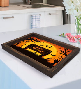 BK Gift Happy Halloween Tasarımlı Doğal Ahşap Tepsi-1
