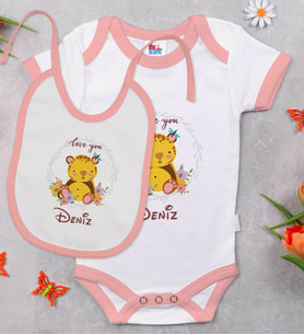 BK Kids Kişiye Özel İsimli Pembe Bebek Body Zıbın ve Mama Önlüğü Hediye Seti-15