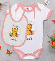 BK Kids Kişiye Özel İsimli Pembe Bebek Body Zıbın ve Mama Önlüğü Hediye Seti-15