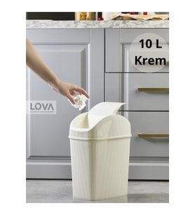 Şık Çizgili 10 Lt Kapaklı Çöp Kovası, Krem Renkli