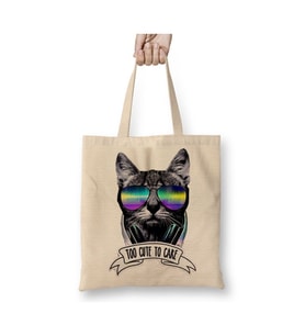 Too Cute To Care Cat Kedi Dj Beyaz Bez Çanta Uzun Saplı Alışveriş Çantası Plaj Çantası