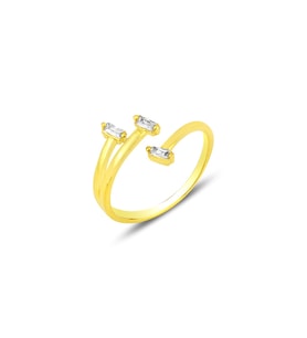 Gümüş altın yaldızlı baget üç taşlı ayarlamalı yüzük SGTL12210GOLD (Rose)