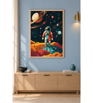 Yörüngede Astronot Retro Poster Ahşap Çerçeveli Duvar Tablosu