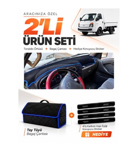 HYUNDAİ H100 (2004-2019) Uyumlu Torpido Örtüsü + Tay Tüyü Bagaj Çantası + Sticker Seti - Siyah Mavi