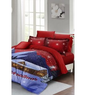 Yılbaşı Nevresim Takımı (Lastikli Çarşaflı) Çift Kişilik %100 Pamuk Saten Noel Red
