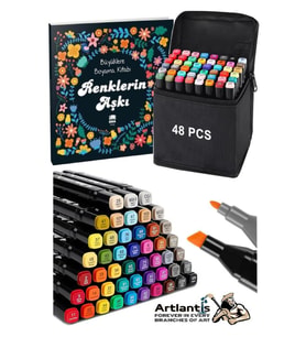48 Adet Çift Taraflı Marker Kalem Çantalı 1 Paket 48 Renk Touch Markör Renklerin Aşkı Mandala Büyüklere Boyama Kitabı