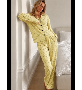 Night Gri Kadın Puantiyeli Uzun Kollu Düğmeli Pijama Takımı