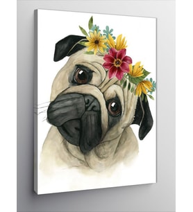 Kanvas Tablo Sevimli Pug Köpek Ve Çiçekler