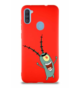 Samsung Galaxy M11 Soft Premier Kapak Plankton Tasarımlı Silikon Kılıf - Kırmızı (Şeffaf)