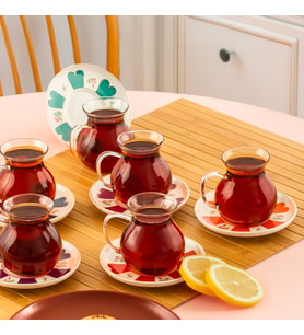Perotti 17901 Beyoğlu 12 Parça 6 Kişilik Çay Seti – 210 ml Borosilikat Cam Kulplu Tombik Bardak ve Porselen Çay Tabağı Takımı