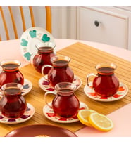 Perotti 17901 Beyoğlu 12 Parça 6 Kişilik Çay Seti – 210 ml Borosilikat Cam Kulplu Tombik Bardak ve Porselen Çay Tabağı Takımı