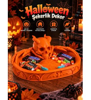 Halloween Cadılar Bayramı Dekoratif Boynuzlu Kuru Kafa Şekerlik Tepsi Masa Üstü Dekor