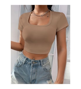 Kadın Kare & Havuz Yaka Crop T-shirt ,Likralı Fitilli Kaşkorse Kumaş