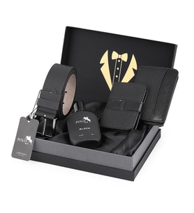 Polo Air Erkek Damat Çeyiz Zarif Kutulu 4'lü Spor Set Kemer, Cüzdan, Kartlık, Parfüm P-DMT-0010 (Siyah)